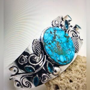 Turquoise Blue Topaz Stamped 925 Sterling Cuff Bracelet